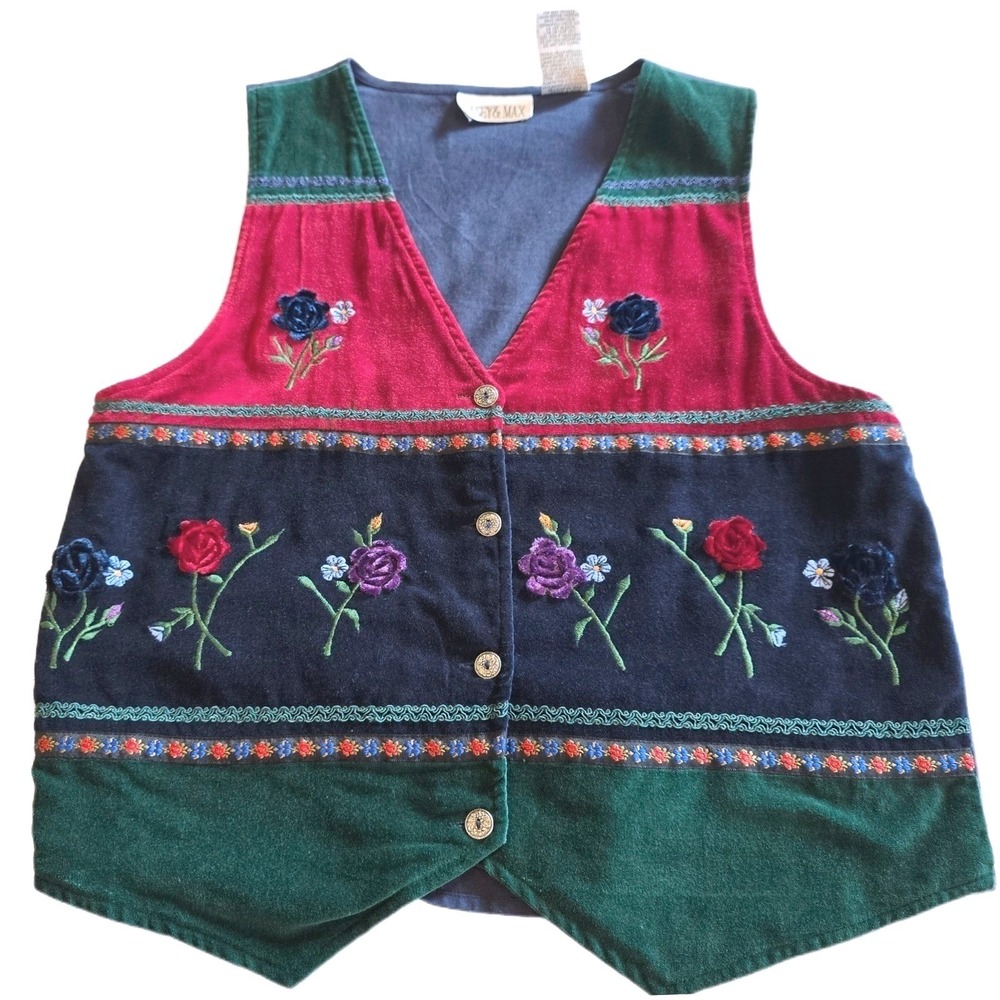 Vintage 90s Casey Max Floral Embroidered Velvet Vest Colorblock Cottagecore Sz S